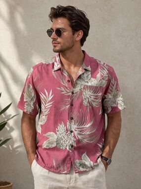 Men's Vintage-Style Button Down Casual Shirt in Dusty Rose with Cream Print